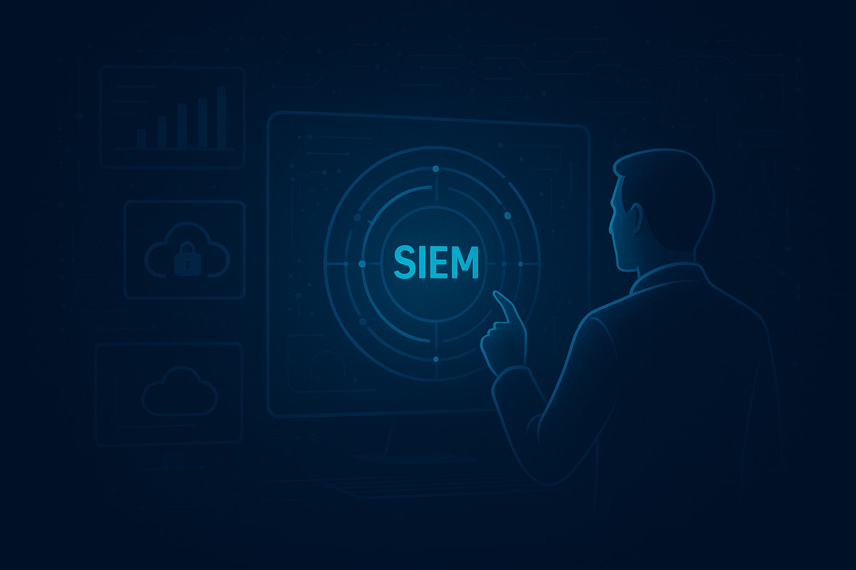 A man looking at a screen with the word siem on it