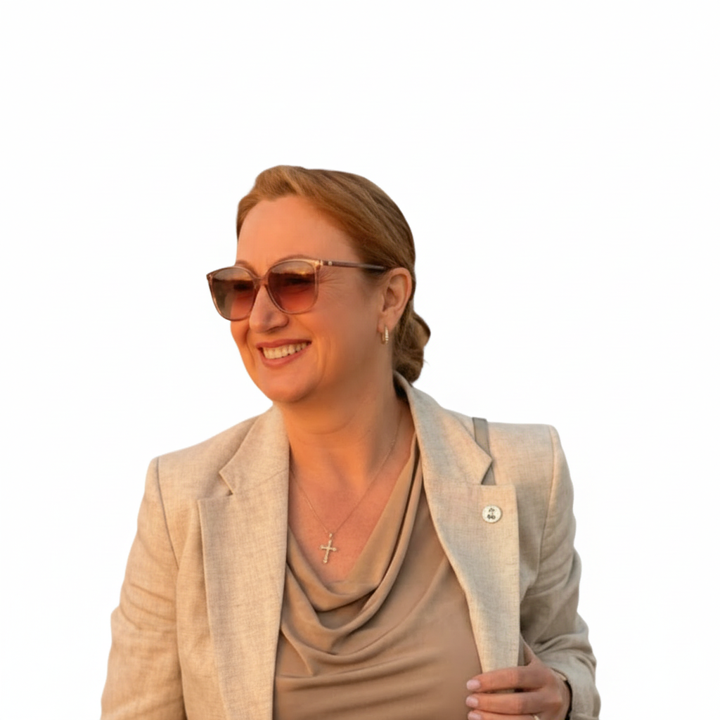 A woman in a tan shirt and a tan blazer