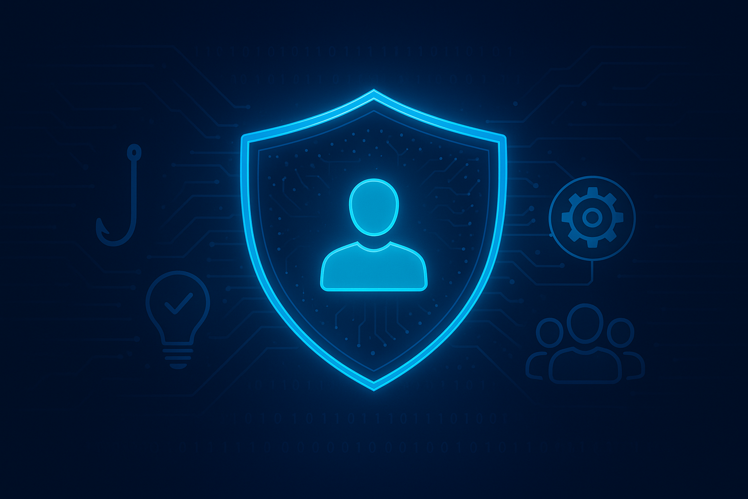 A blue neon icon of a person in a shield