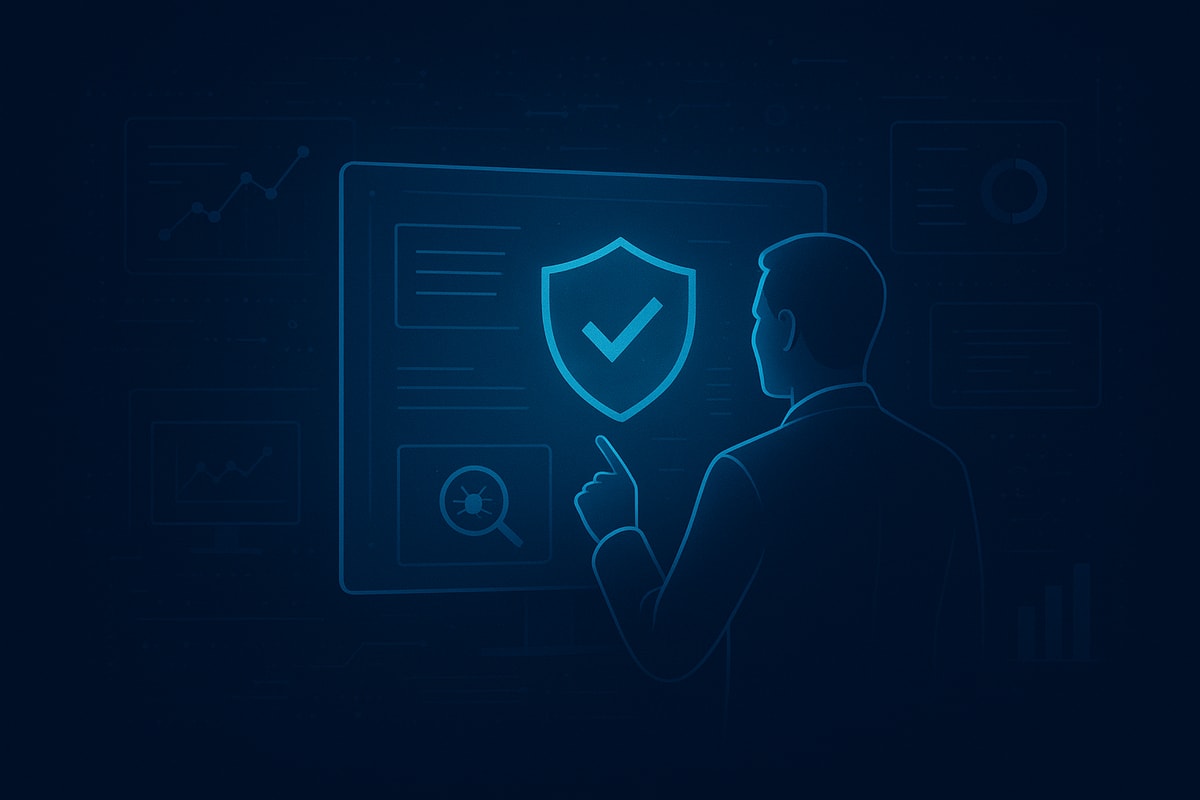 A man looking at a screen with a shield on it