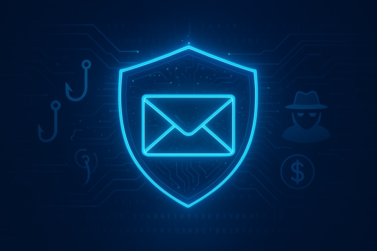 A glowing neon blue envelope on a dark blue background