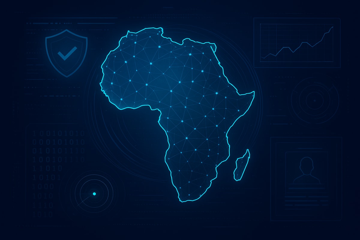 A digital map of Africa glowing with nodes and connections, symbolizing region-specific intelligence.
