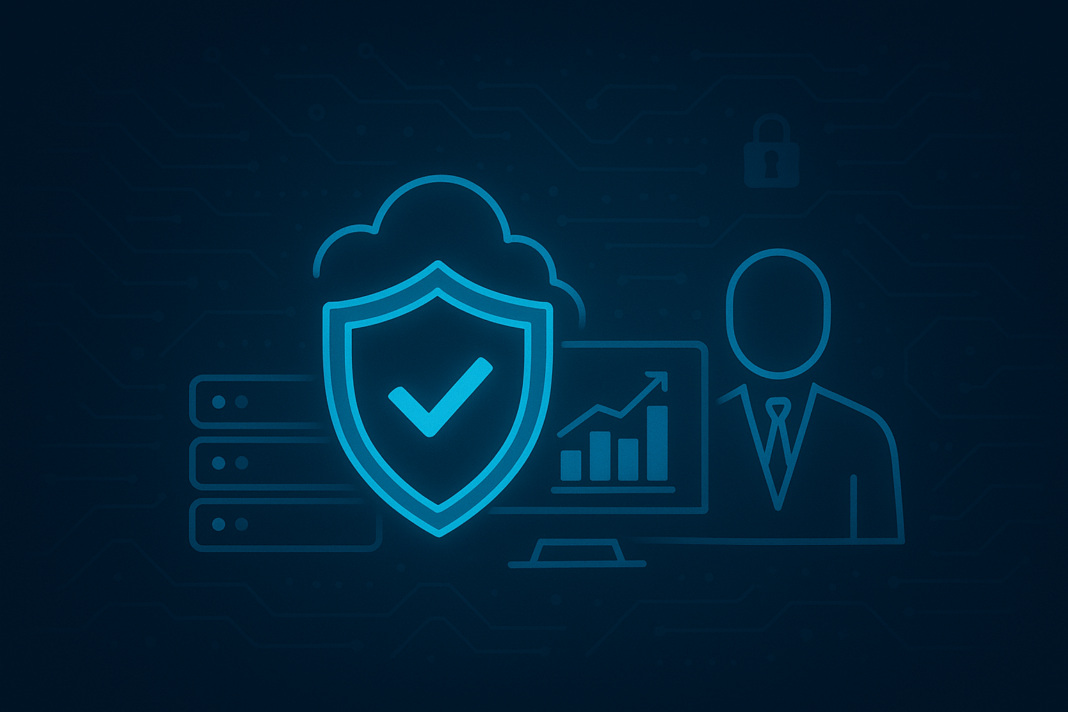 A blue line icon of a person with a shield