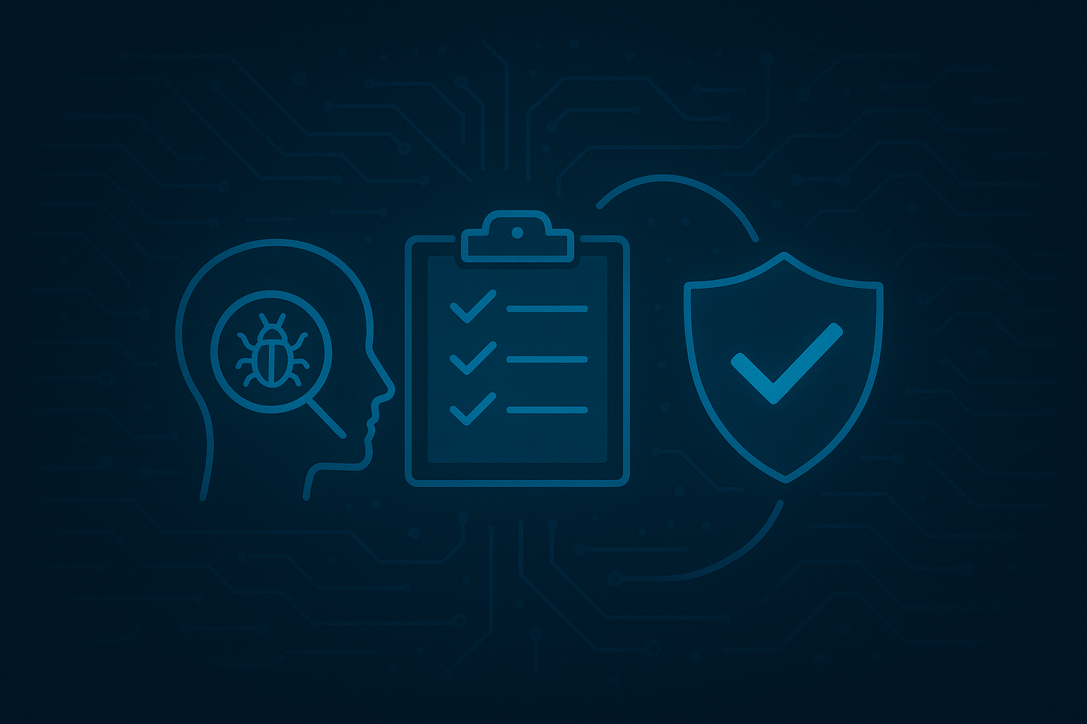 A blue line drawing of a clipboard and a shield