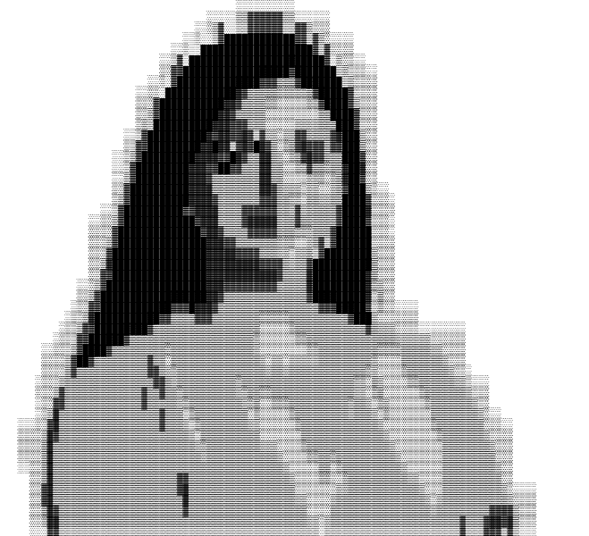 A pixellated image of a woman with long hair