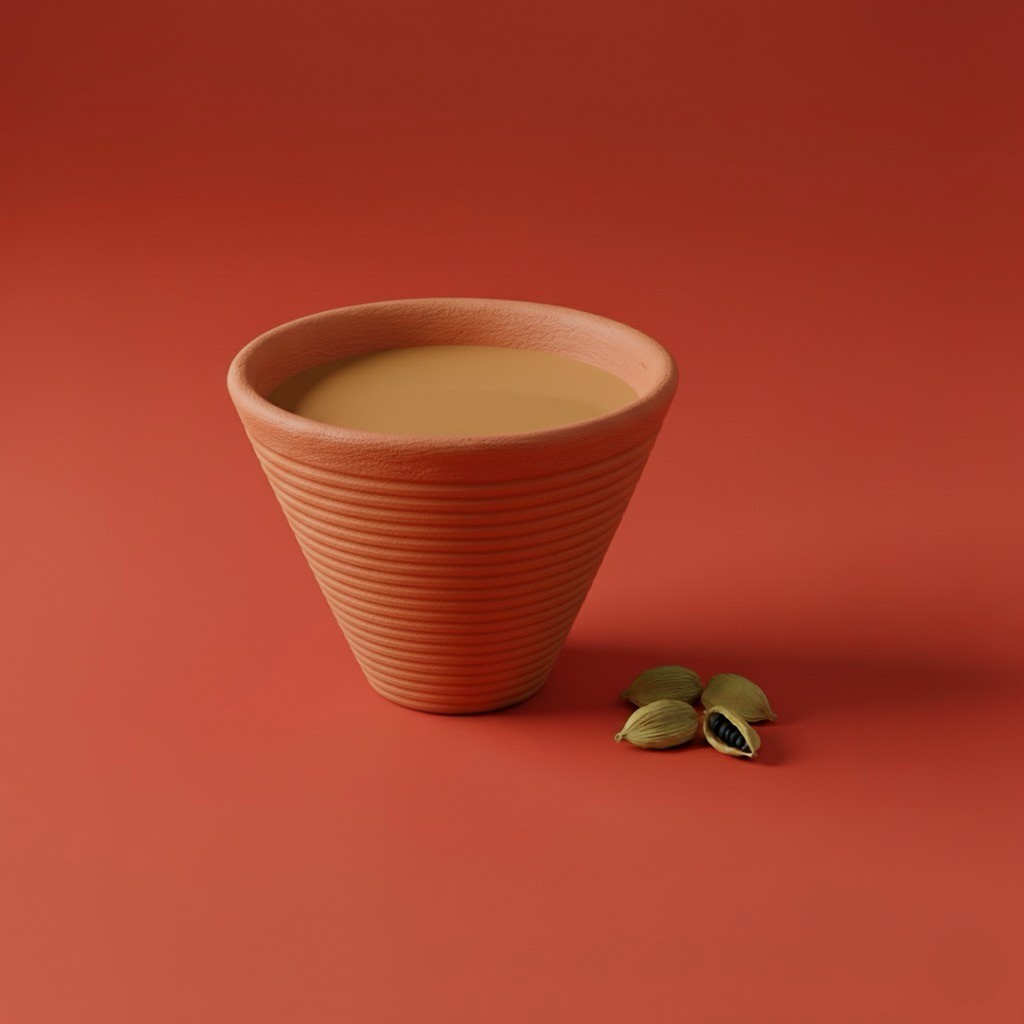 A kulhad of cardamom tea and a pair of cardamom.