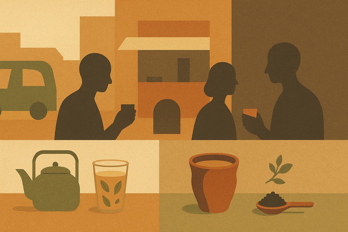 A warm, minimalist illustration showing silhouettes of people drinking chai near a small street stall, with earthy chai tones and geometric shapes. The lower panel displays a kettle, a glass of tea, a kulhad, and loose tea leaves, evoking everyday chai culture.