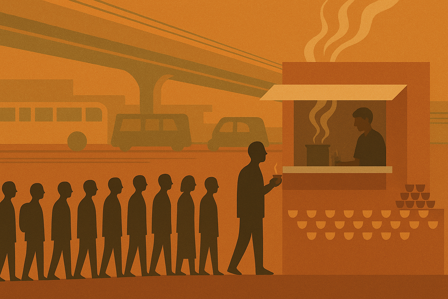 Busy minimalist scene of the Chai 2002 chai tapri in Munshi Puliya, a long curved line of people and waves of kulhads showing the milestone of 2,00,000 cups served.