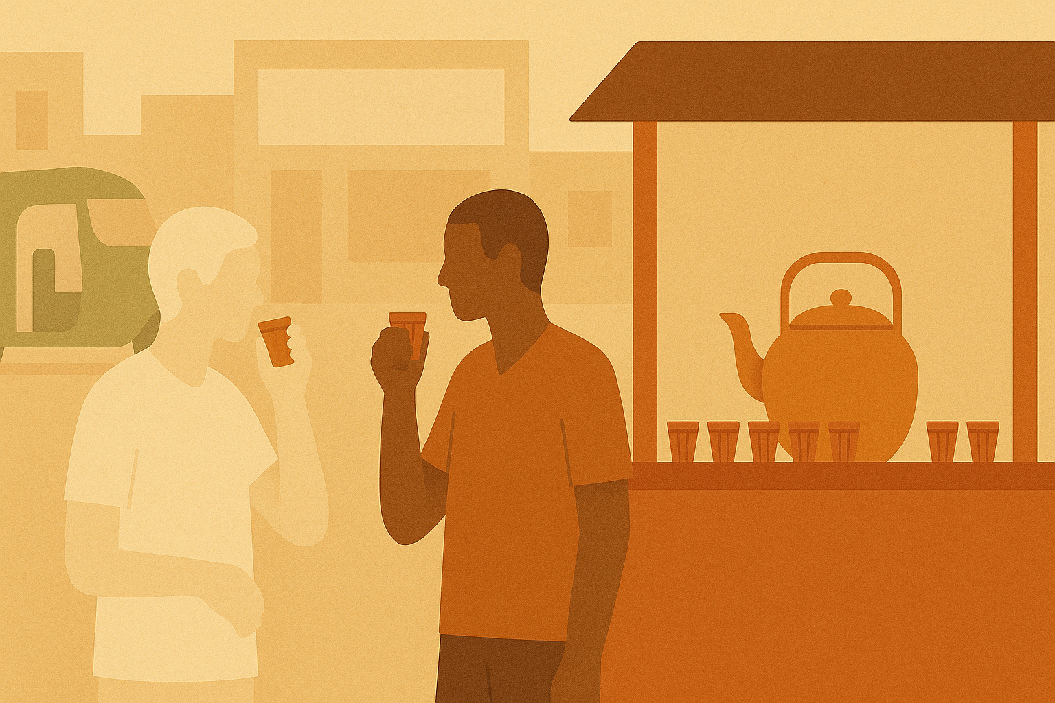 A man standing in front of a tea shop holding a cup.