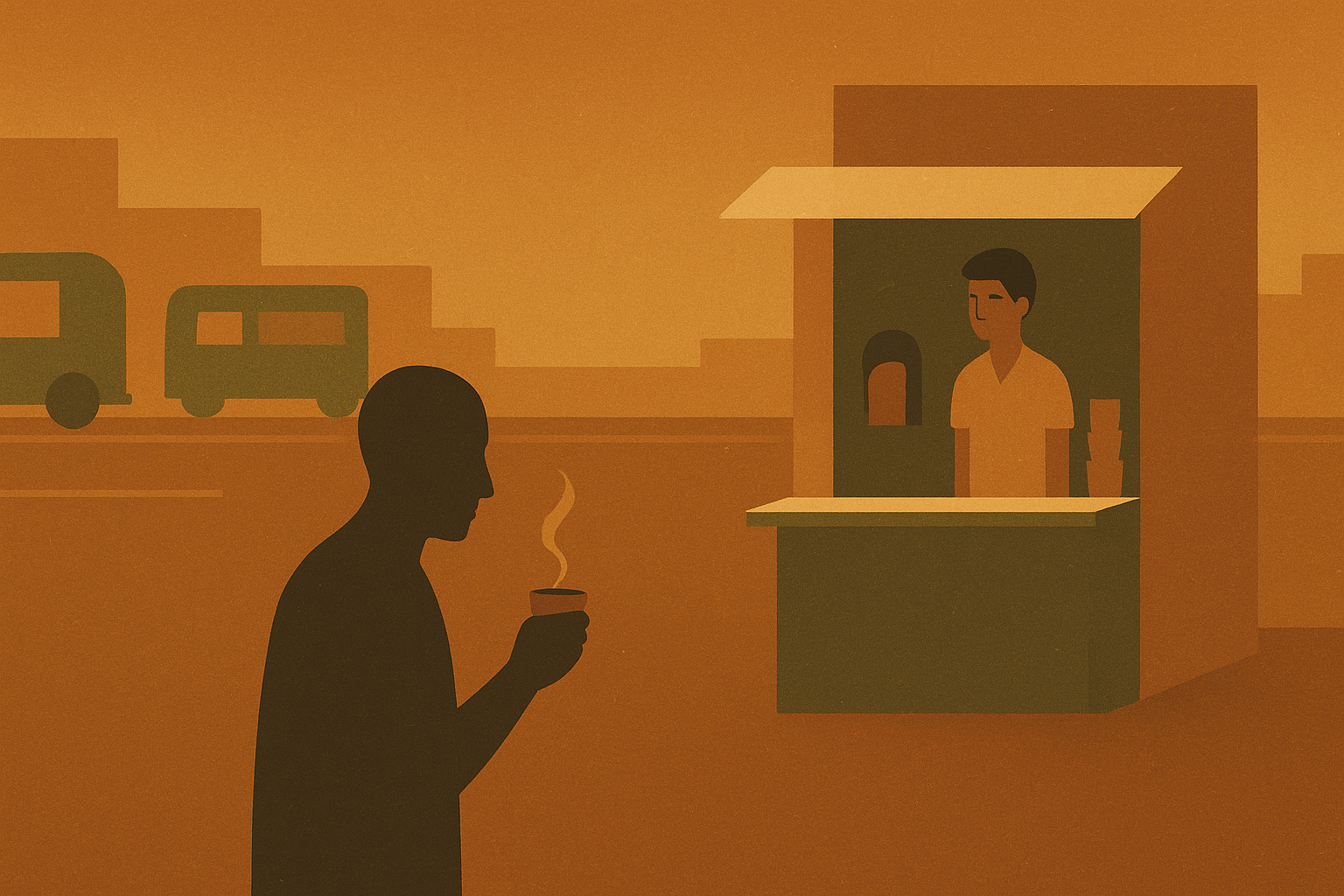 Minimal illustration of the first Chai 2002 tapri at Munshi Puliya, a tiny street chai stall with one customer holding a steaming kulhad, symbolising the 2019 inauguration.