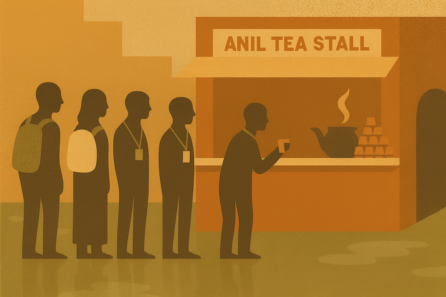 Minimal poster-style artwork of the Chai 2002 tapri at Munshi Puliya with a small queue of office workers and students holding kulhads, representing 1,00,000 cups of chai served.