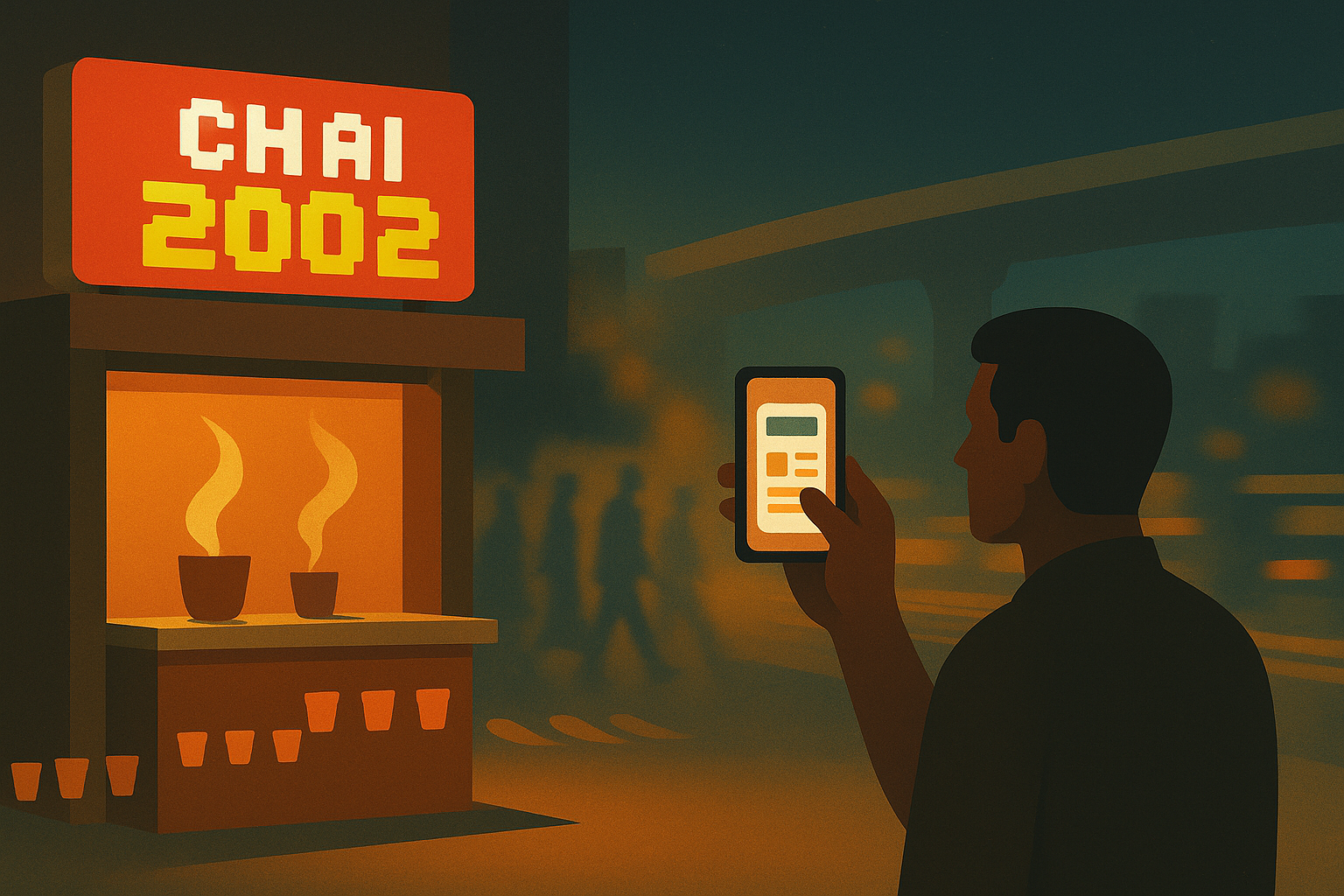 Minimalist artwork of the Chai 2002 tapri in Munshi Puliya with a new glowing signboard and the founder viewing a simple website layout on his phone, symbolising the brand’s formal launch and identity.