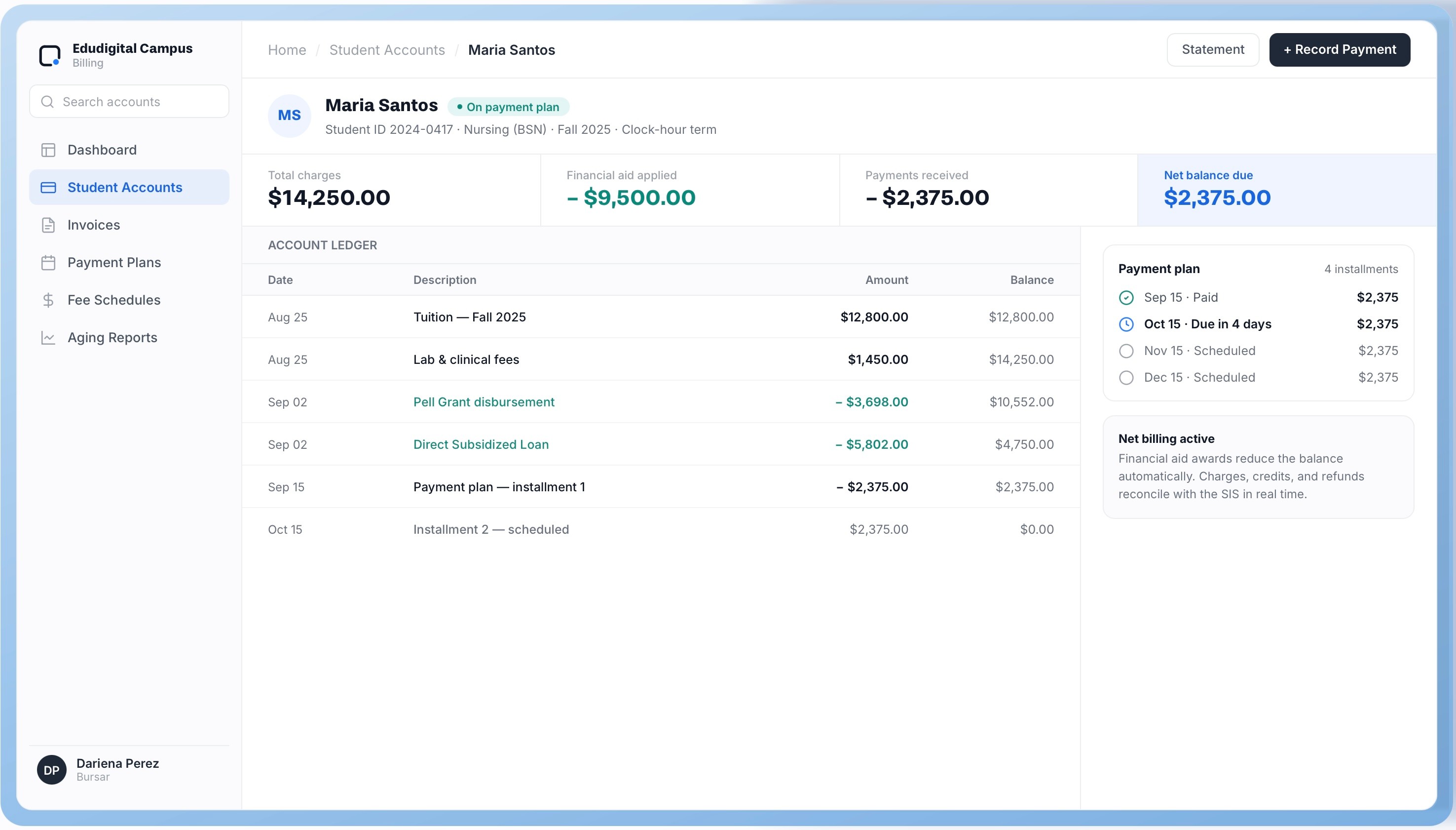 Edudigital Billing — student account ledger, financial aid, and payment-plan installments