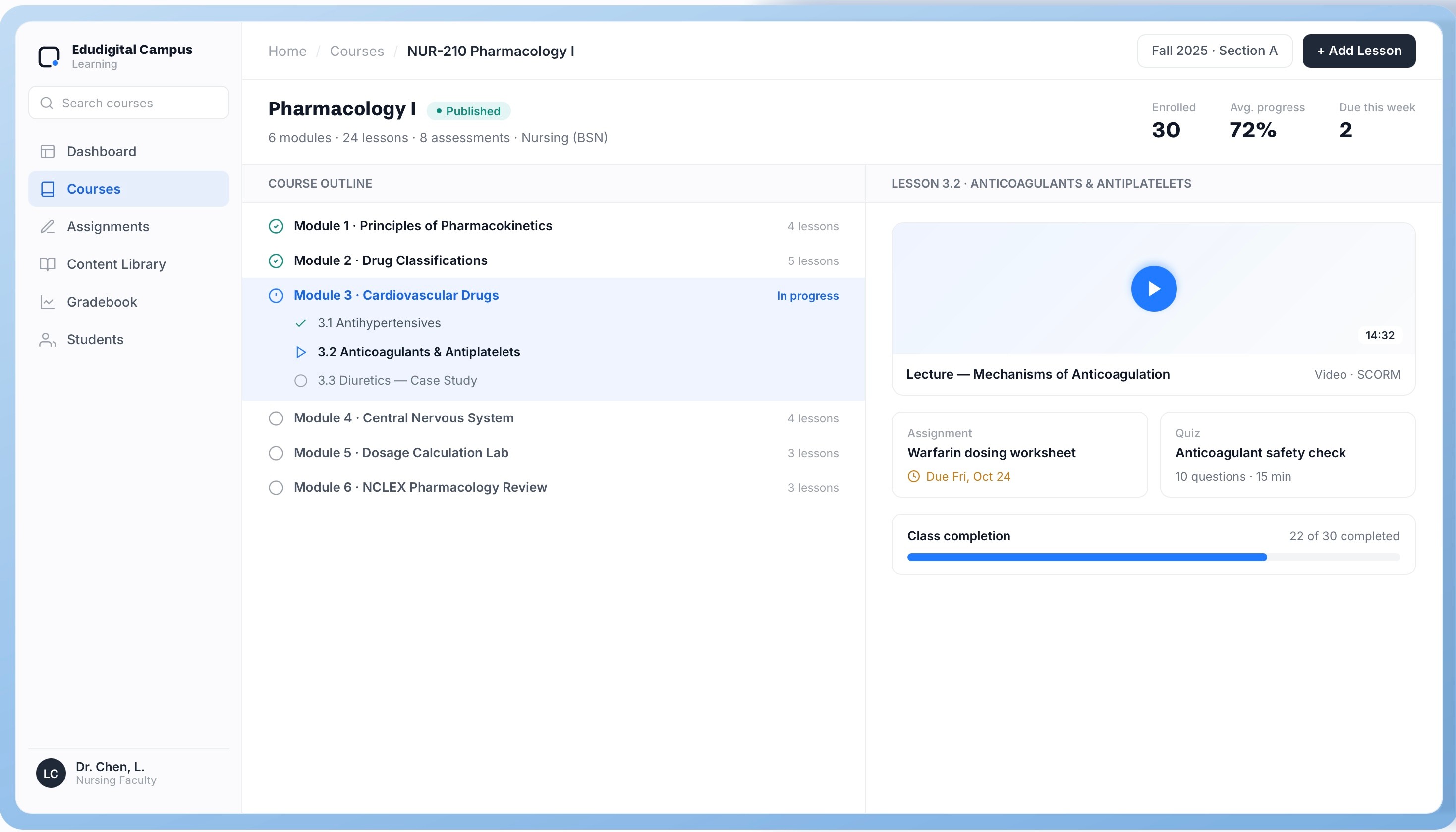 Edudigital LMS course view — modules, lessons, assignments, and a SCORM video lesson
