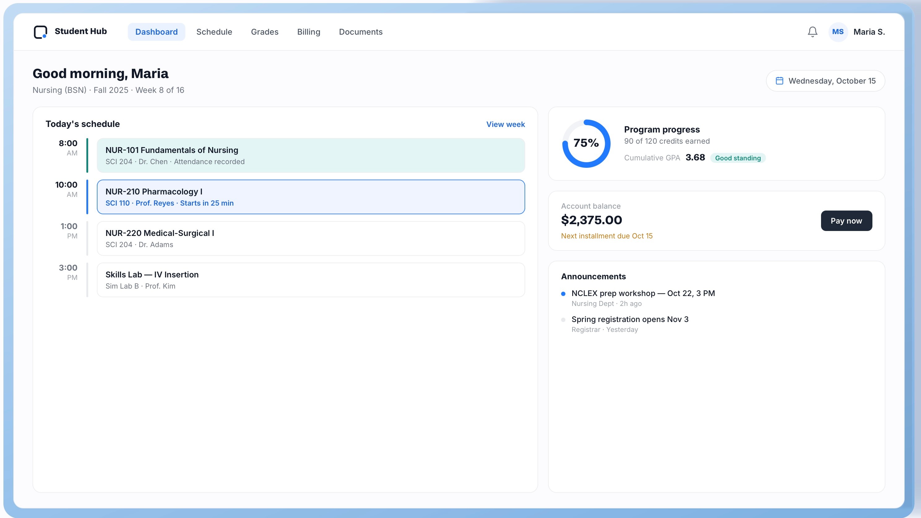 Edudigital Hub student dashboard — schedule, program progress, account balance, and announcements