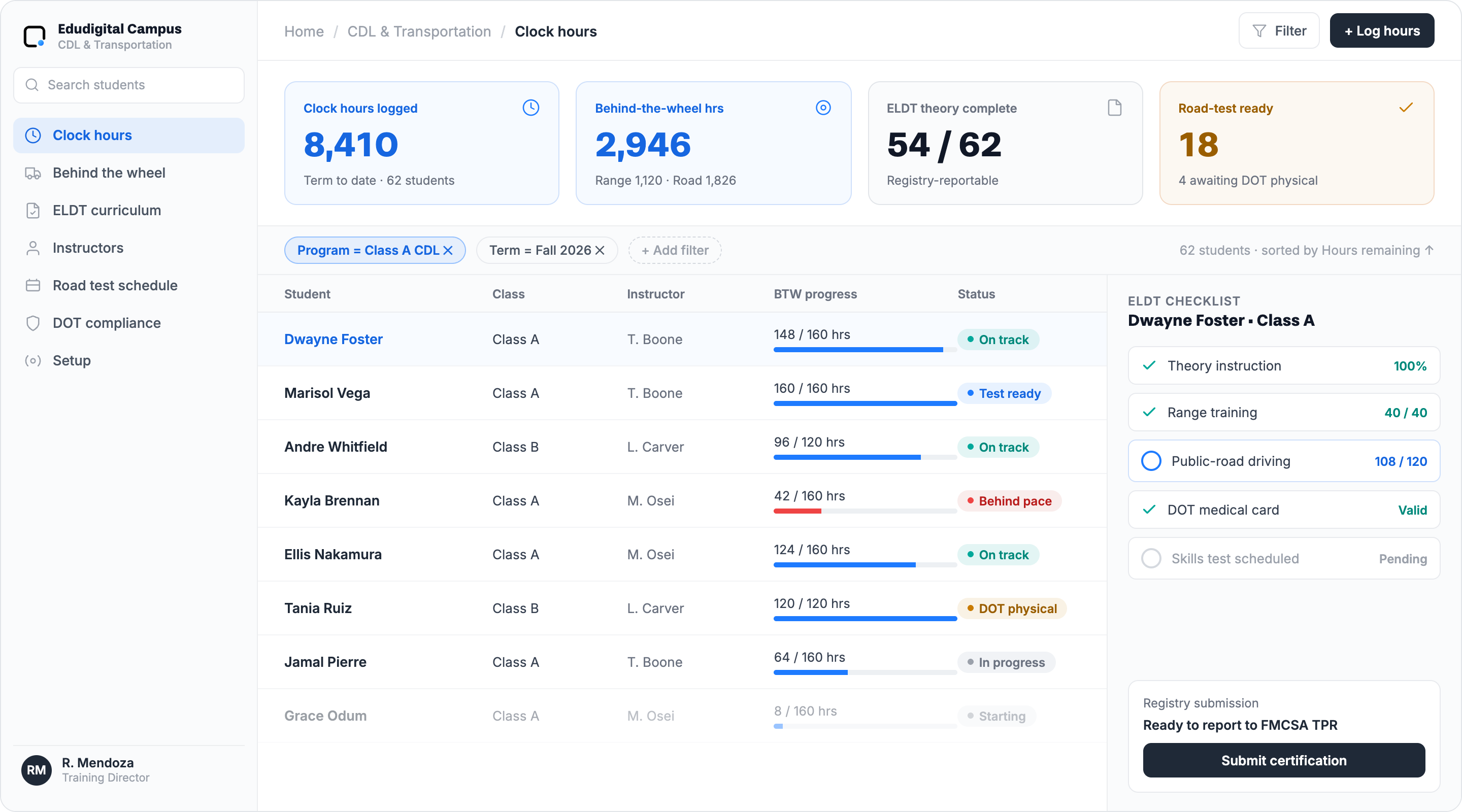 Edudigital Campus — CDL & Transportation clock-hours, behind-the-wheel, and ELDT compliance workspace