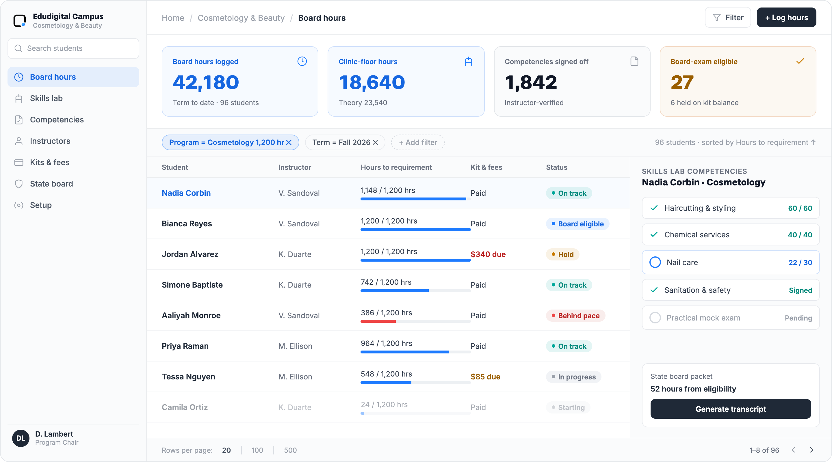 Edudigital Campus — Cosmetology board-hours, skills-lab competencies, and state-board tracking