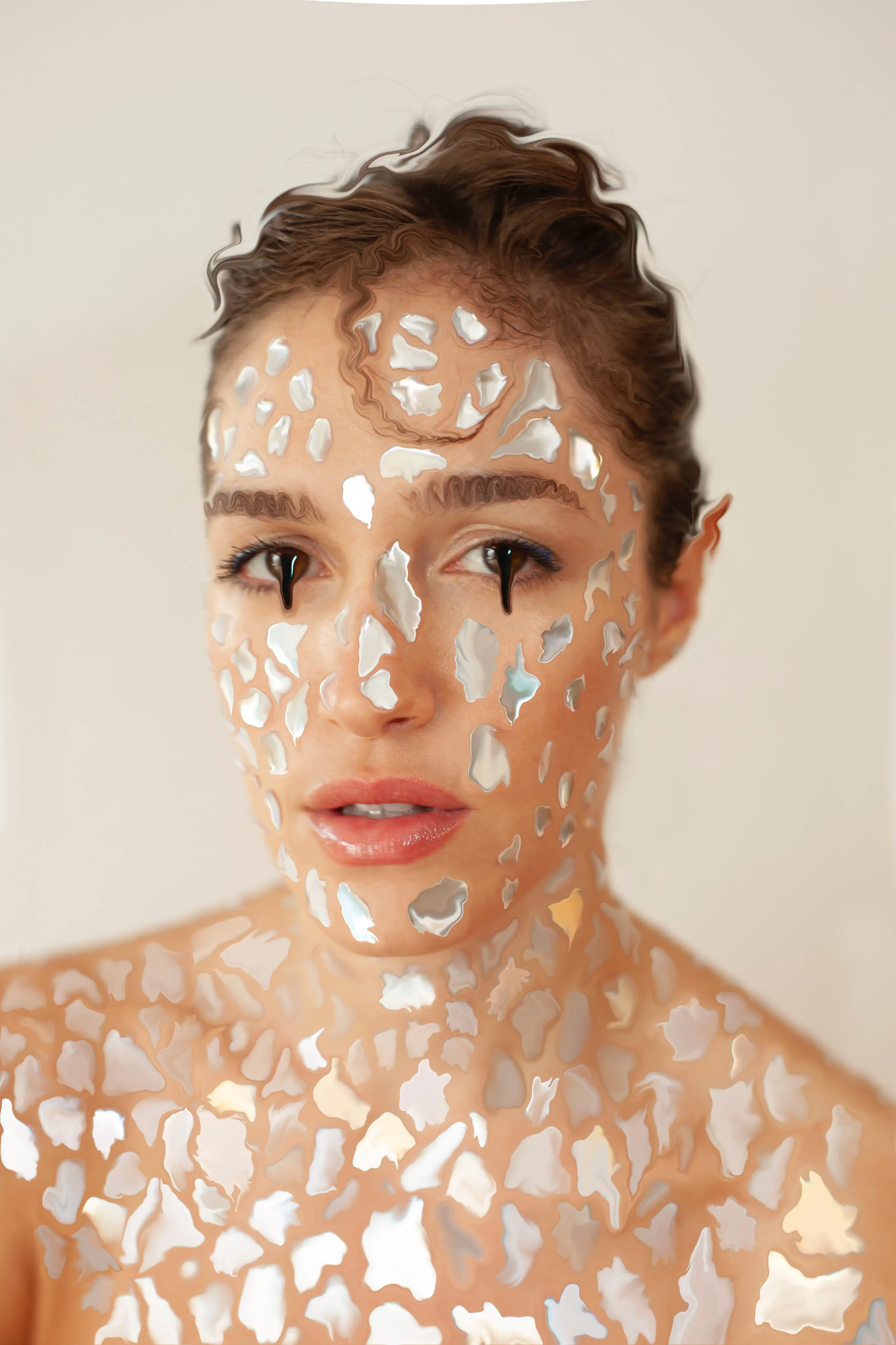 A woman with a lot of silver foil on her face