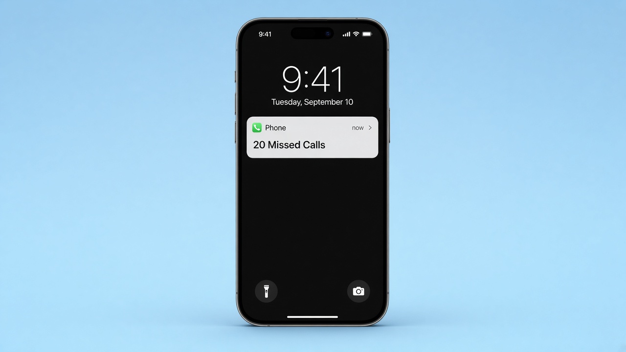 iPhone lock screen showing 20 missed calls on a plain blue background