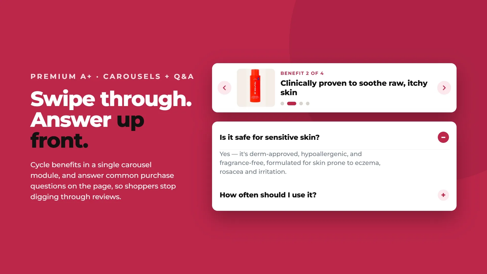 Premium A+ Content carousel and Q&A modules for presenting benefits and answering common shopper questions