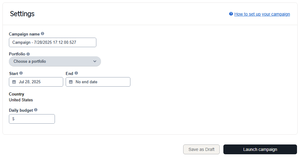 Campaign settings options including campaign name, portfolio, start and end dates, and daily budget