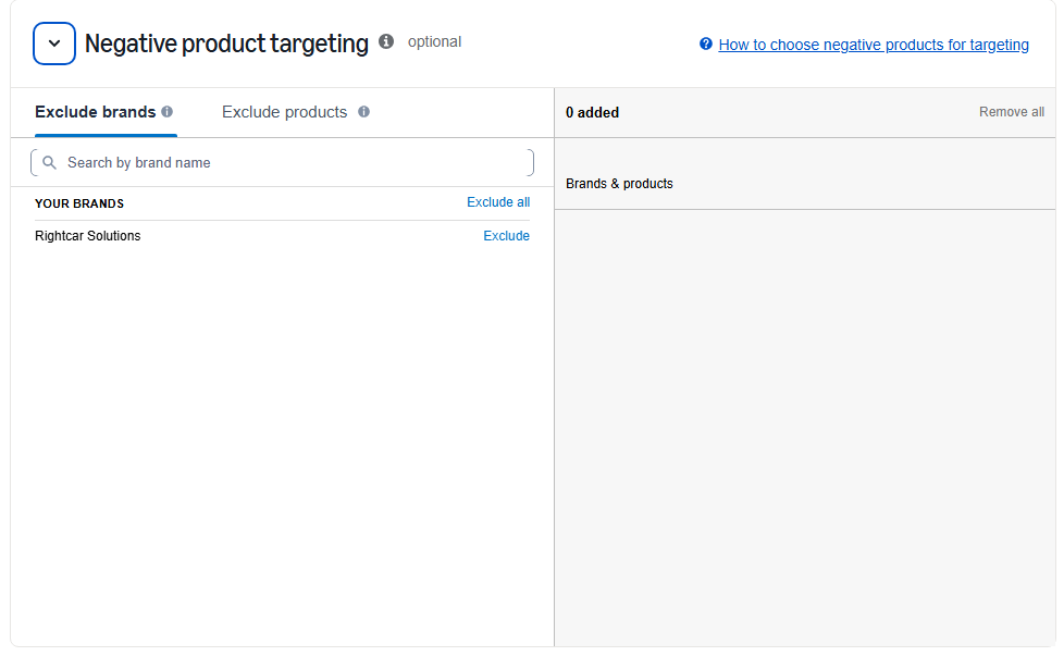 Options for negative product targeting on sponsored products campaign creation page
