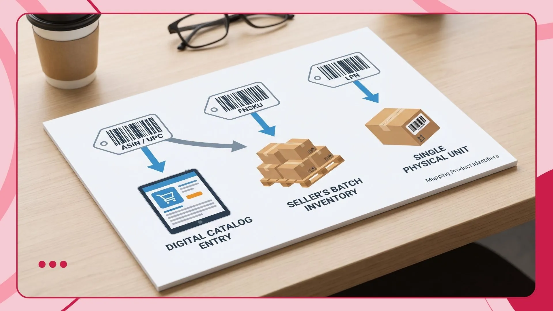 Amazon e-commerce tracking identifier comparison diagram between ASIN FNSKU and LPN number