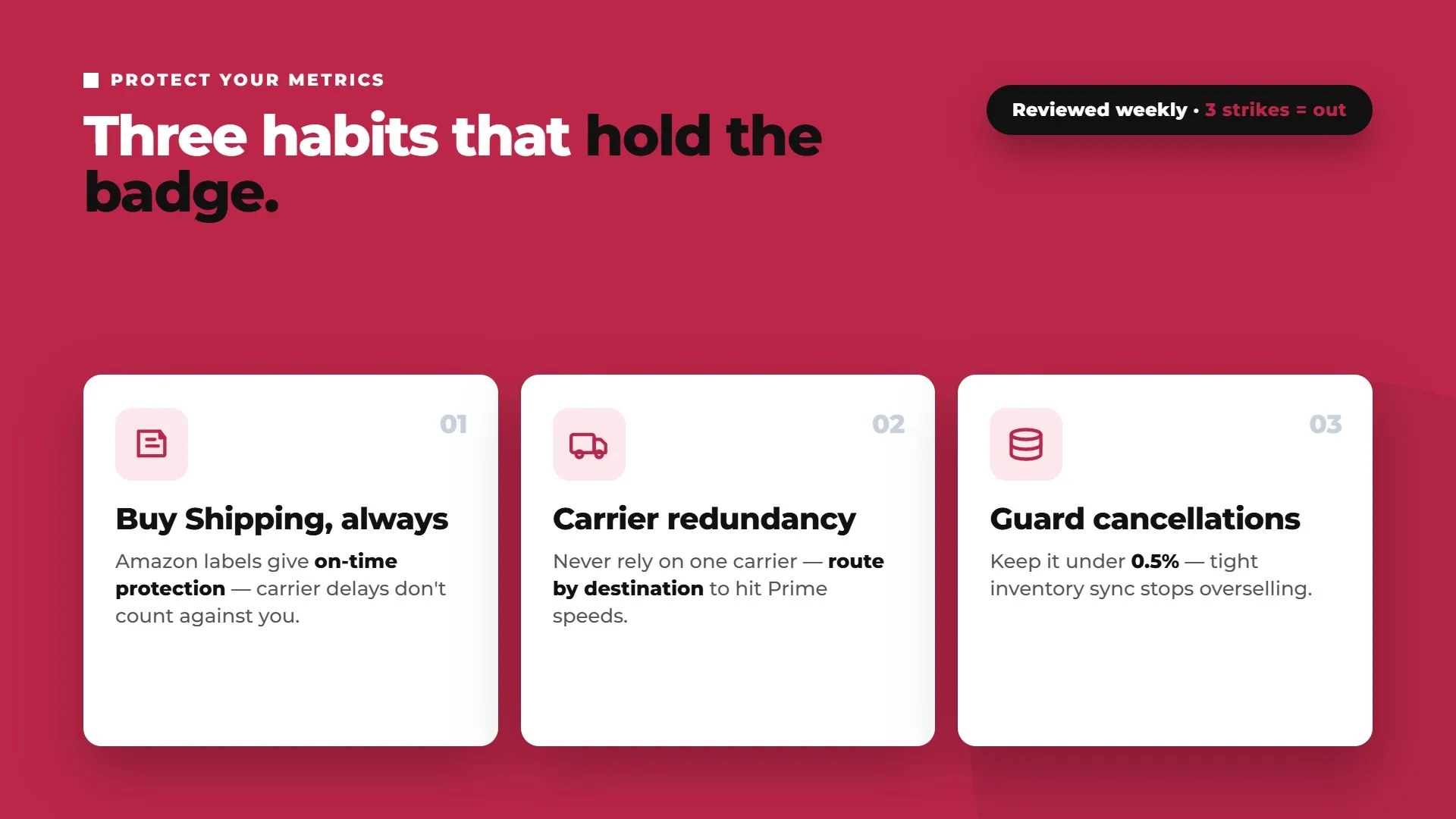 Three habits for protecting Seller Fulfilled Prime metrics: Buy Shipping, carrier redundancy, and cancellation control