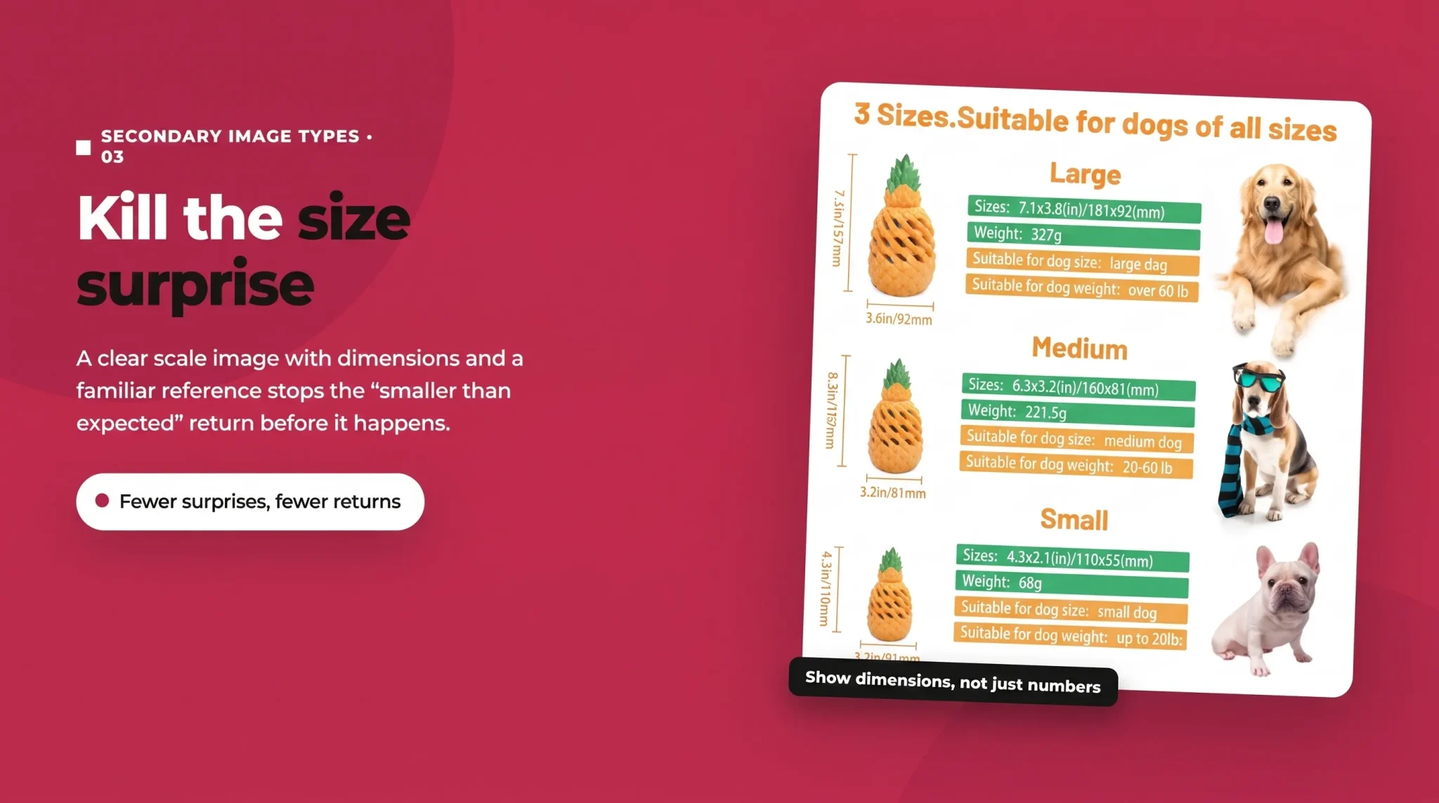 Amazon product size image example using dimensions and familiar references to prevent size confusion