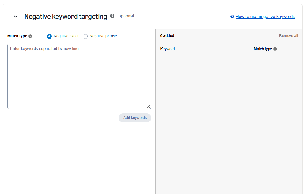 Options for negative keyword targeting on sponsored products campaign creation page