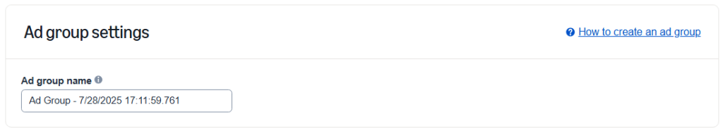 A sample ad group name on a sponsored product campaign setup page