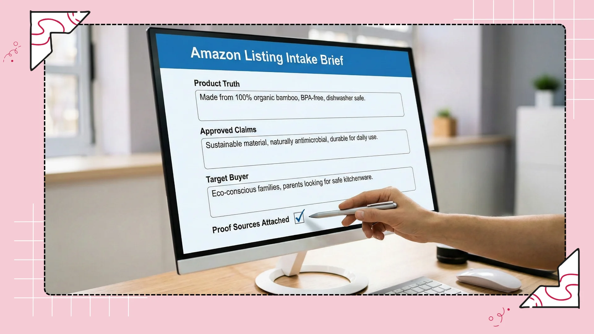 Digital intake brief document used to collect product facts for a scalable listing workflow.