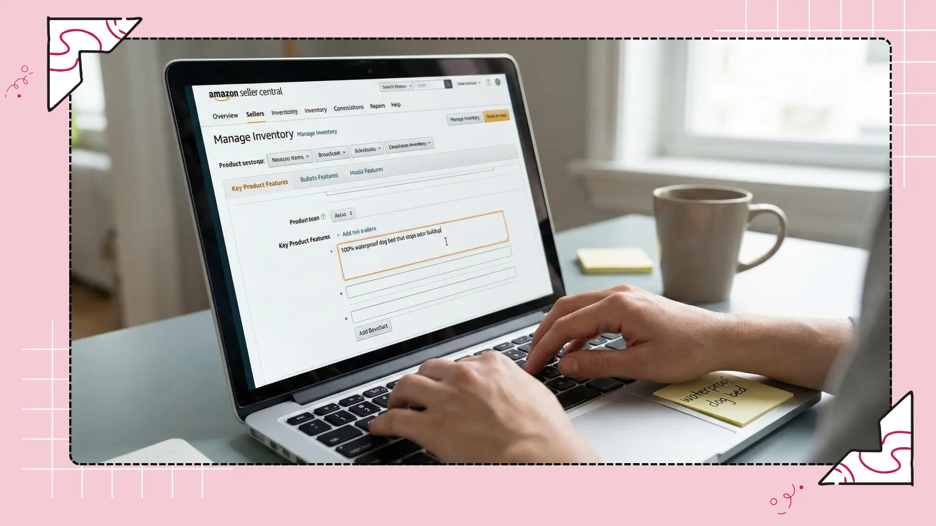 Typing a differentiated Amazon listing bullet point inside Seller Central using a competitor keyword.