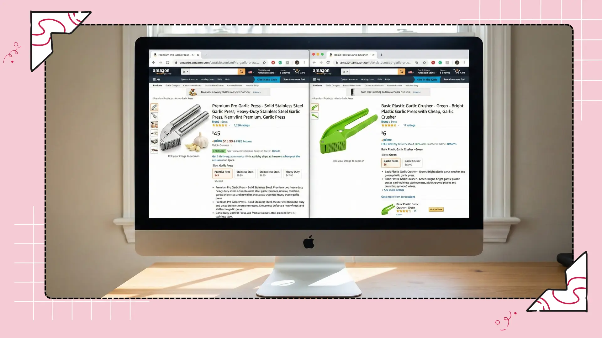 Side-by-side Amazon listings comparing a premium heavy-duty garlic press to a cheap plastic one to show keyword intent difference.