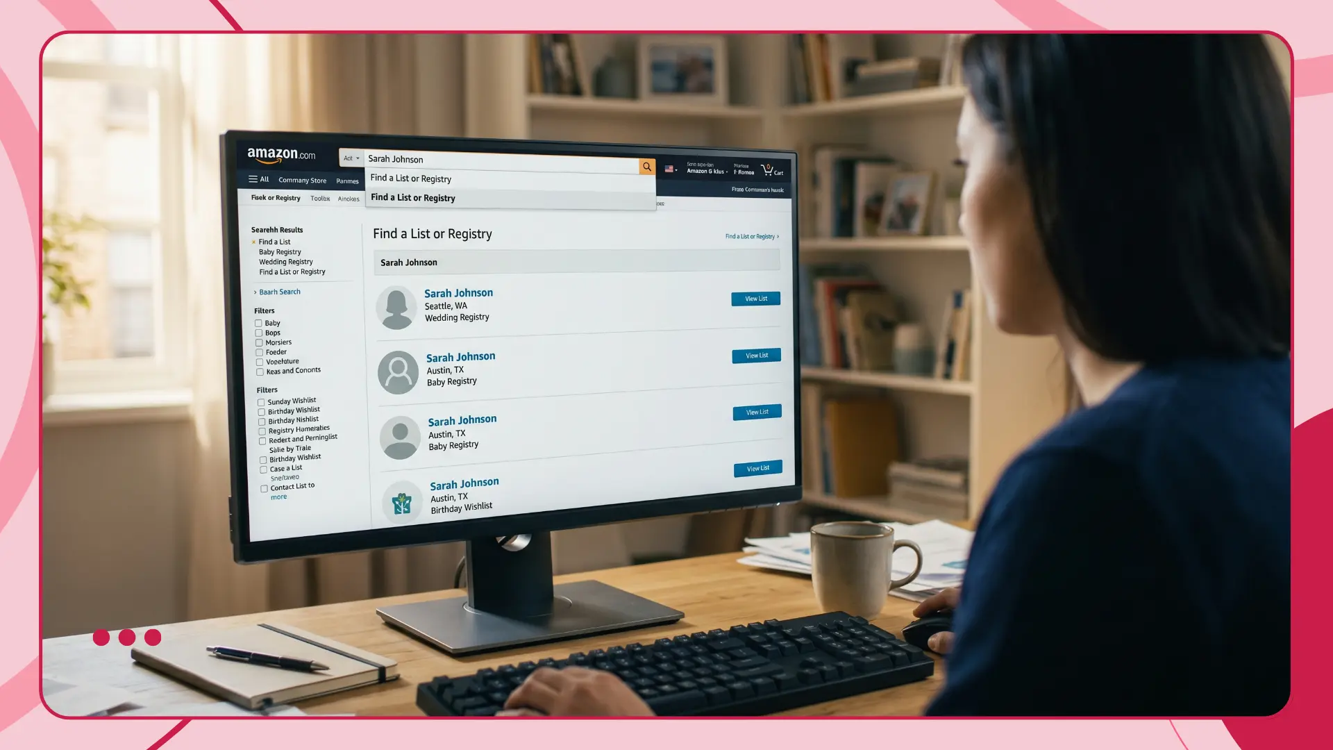 Finding a public Amazon wish list by name or email address on a desktop computer browser.