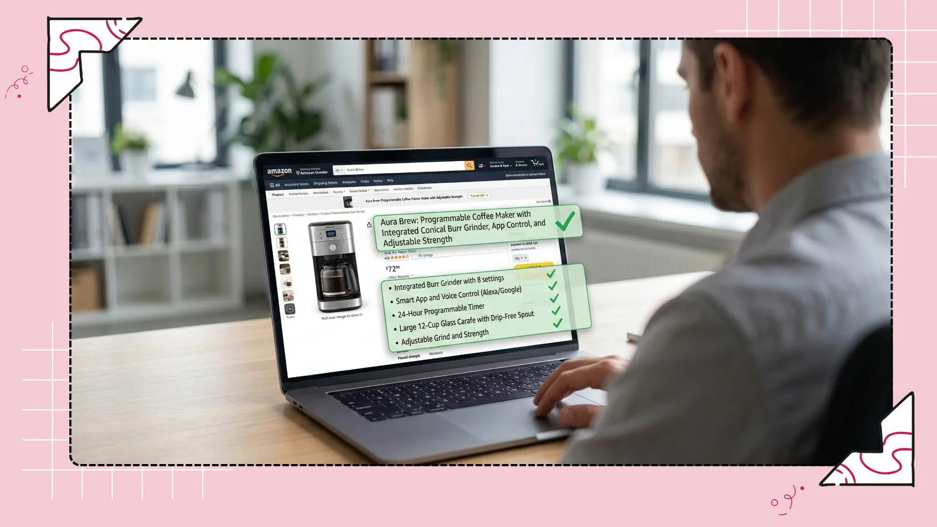 Amazon product detail page on a laptop passing listing qa tool features and character limit checks.