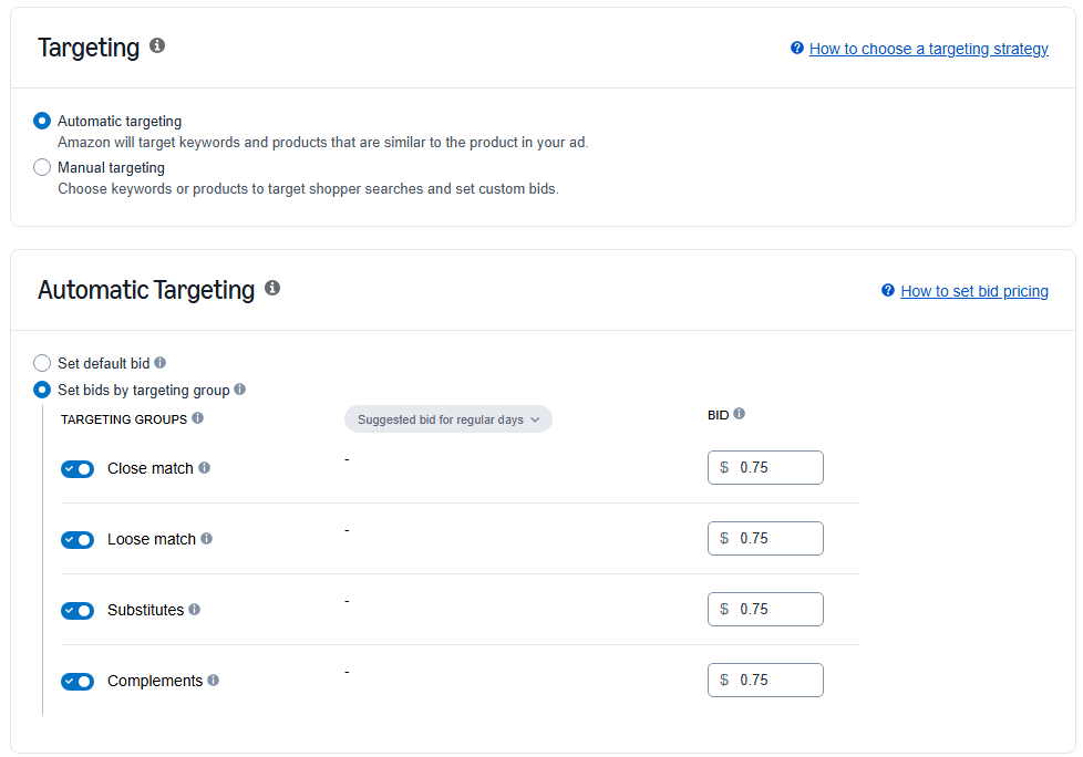 Options for Automatic and manual targeting on the sponsored products campaign setup page