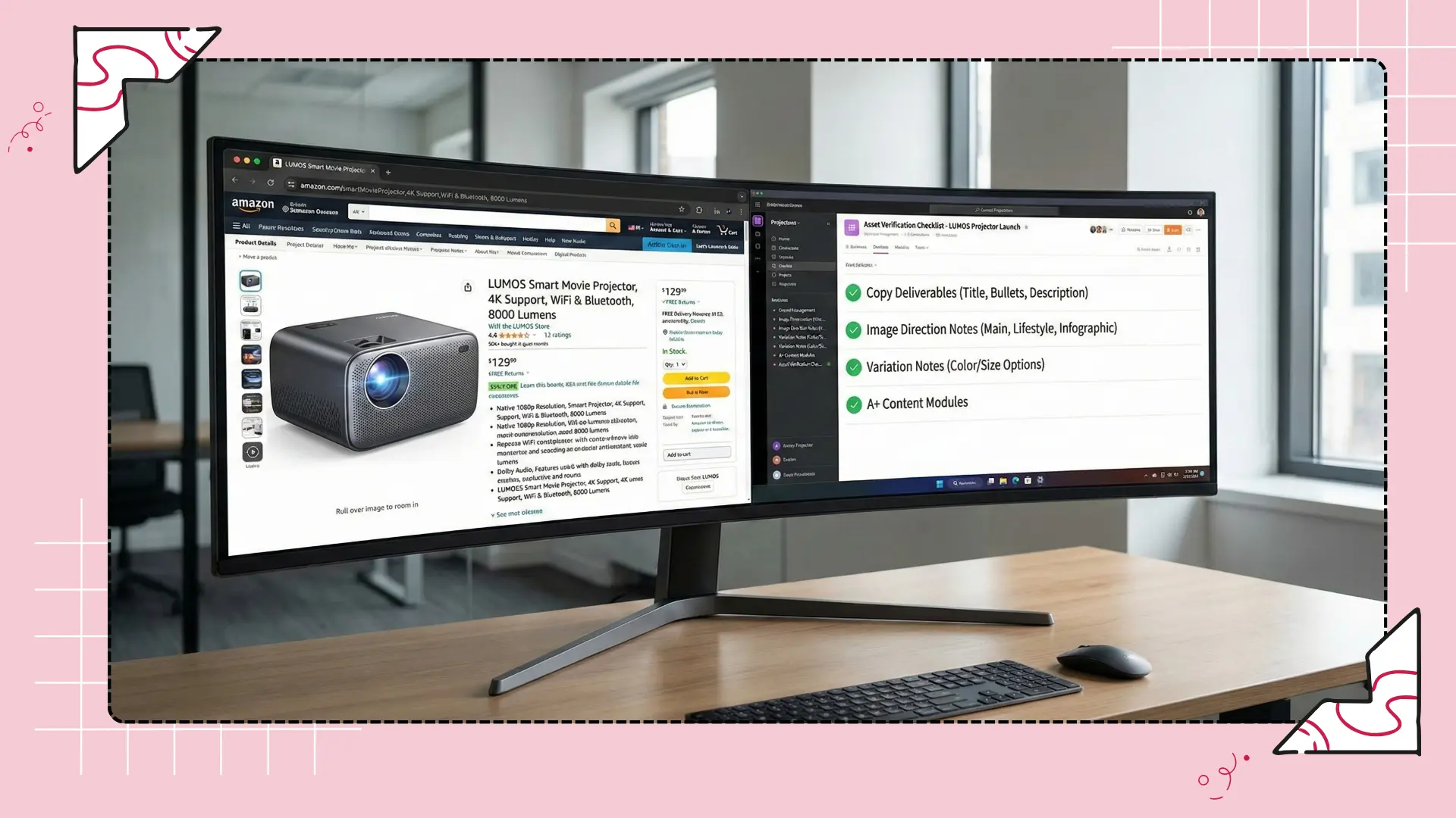 Side by side view of an Amazon product detail page and an asset checklist for batch listing optimization.