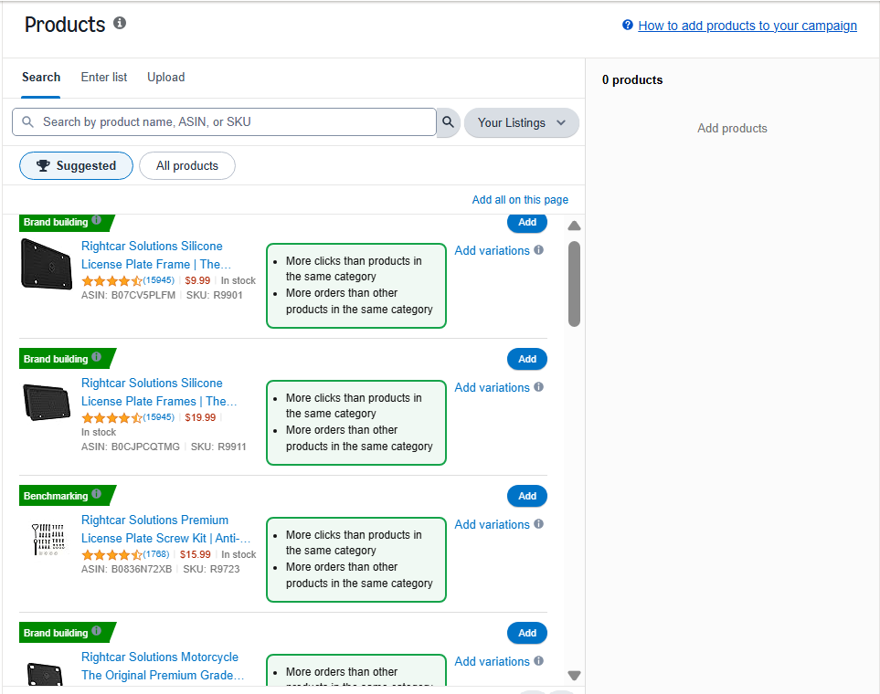 Options for choosing products to advertise on the sponsored products campaign setup page