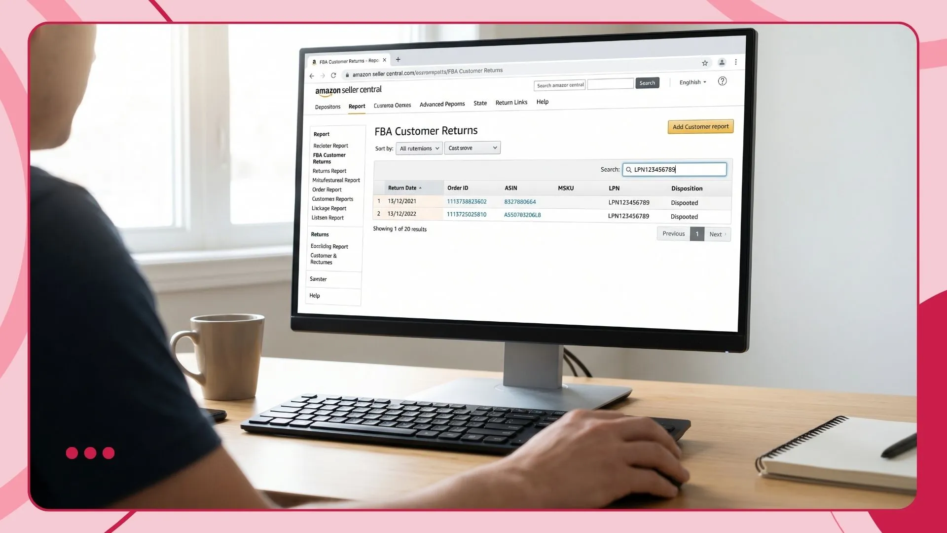 Checking an Amazon LPN number inside the FBA Customer Returns report dashboard on Seller Central
