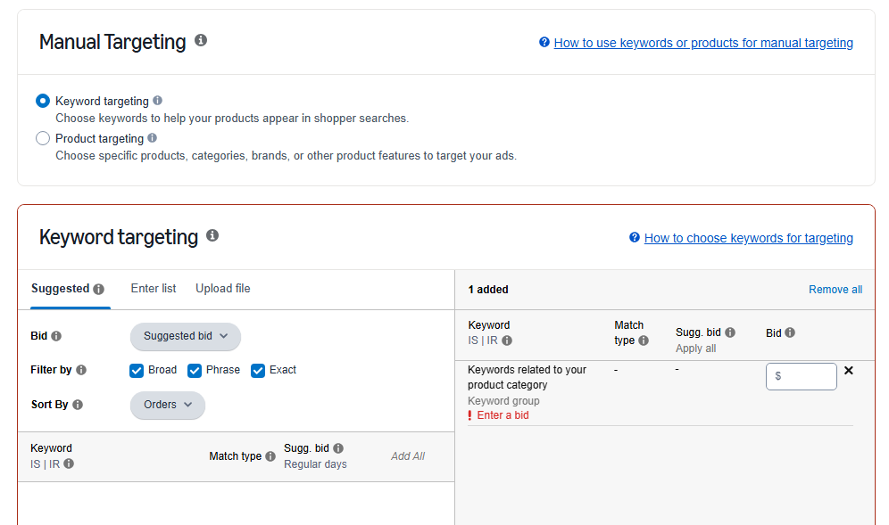 Options for keyword targeting on a sponsored products campaign creation page