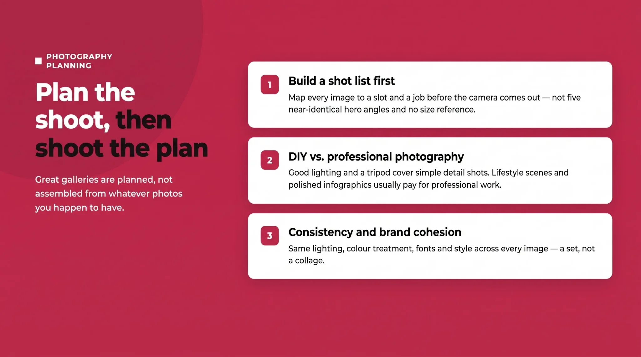 Amazon product photography planning guide covering shot lists, professional photography and brand consistency