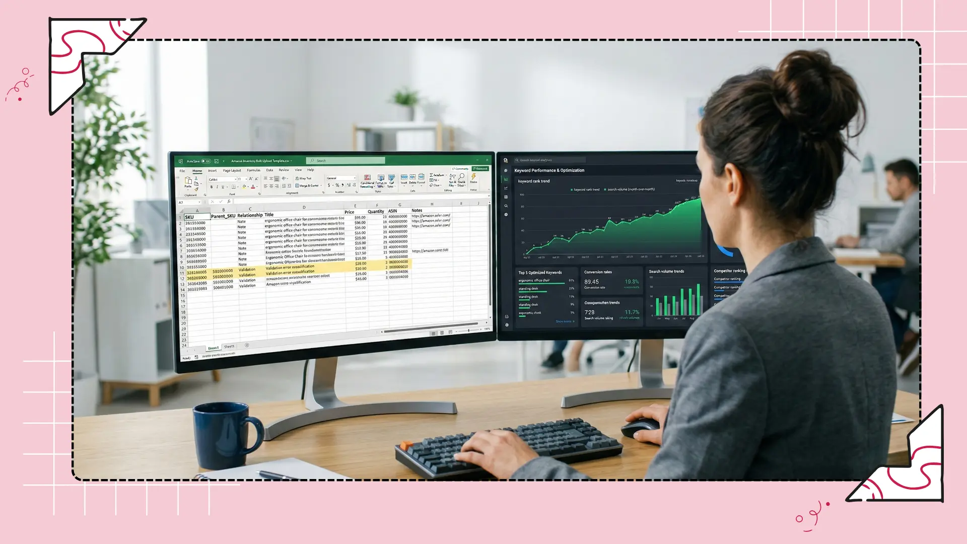 E-commerce manager comparing amazon listing software scope and optimization tool definition on two monitors.