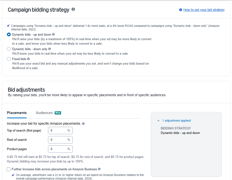 Bidding strategy options and bid adjustment options on a sponsored products campaign creation page