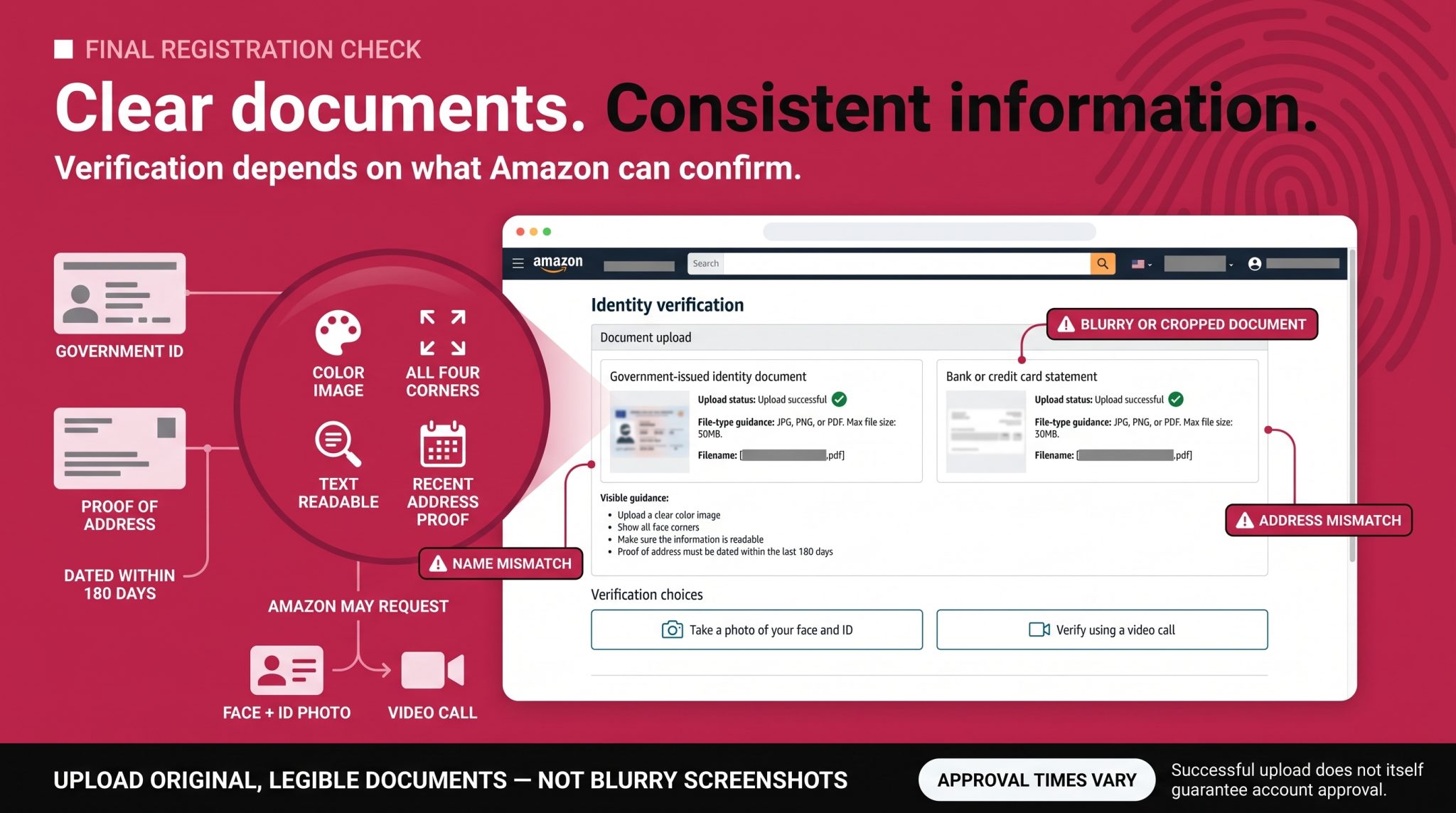 Amazon identity verification documents and consistency infographic