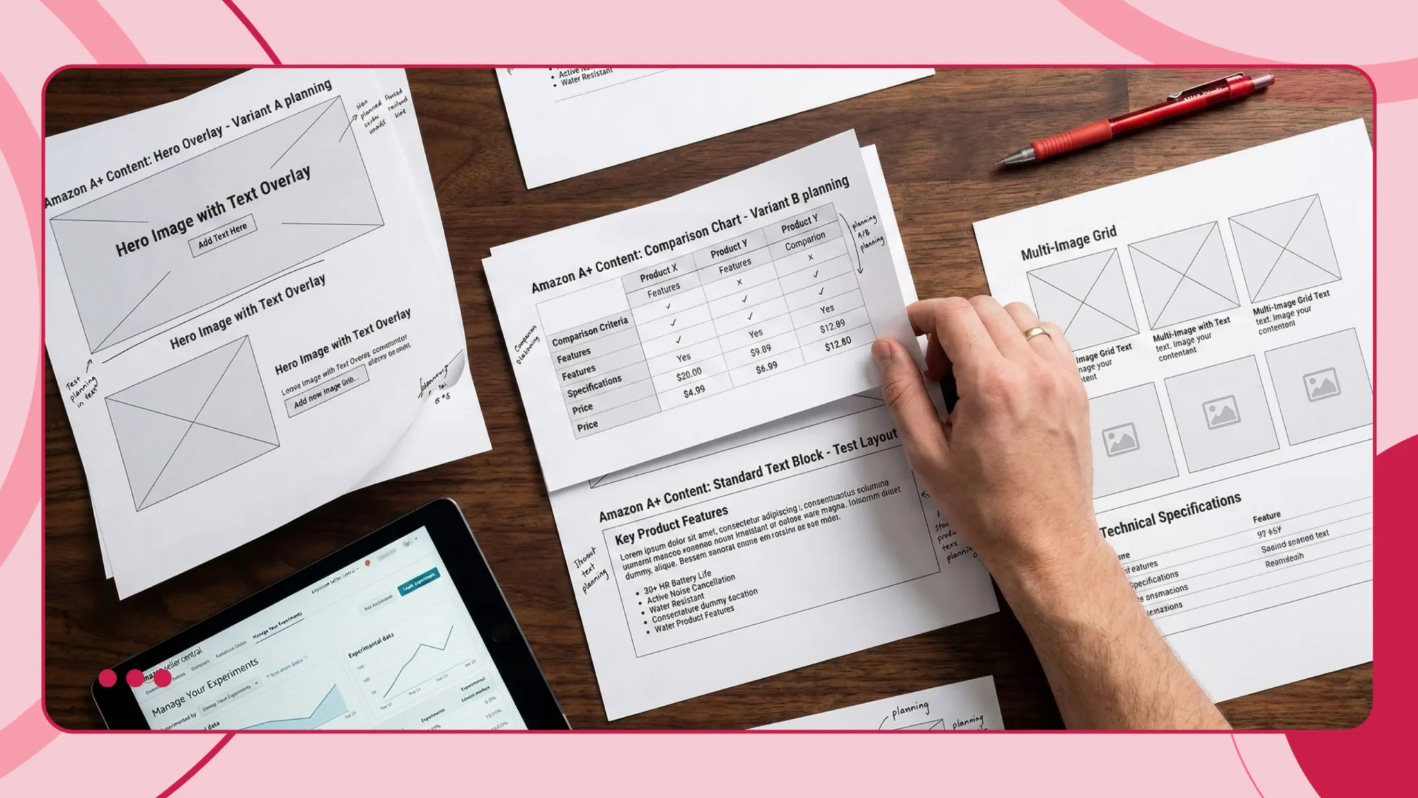 Strategizing an a+ content testing plan by rearranging comparison charts and module layouts.