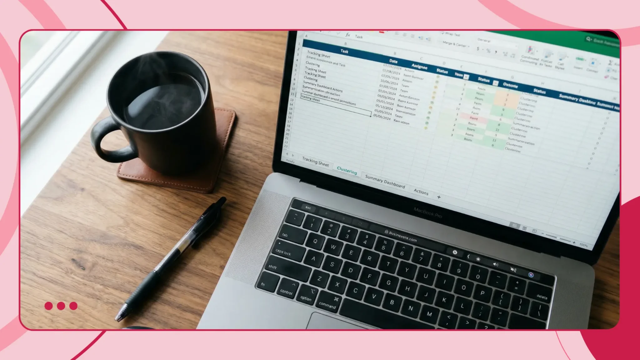 A structured Amazon keyword rank tracker template displaying multiple tabs for tracking, clustering, and summary dashboard reporting.