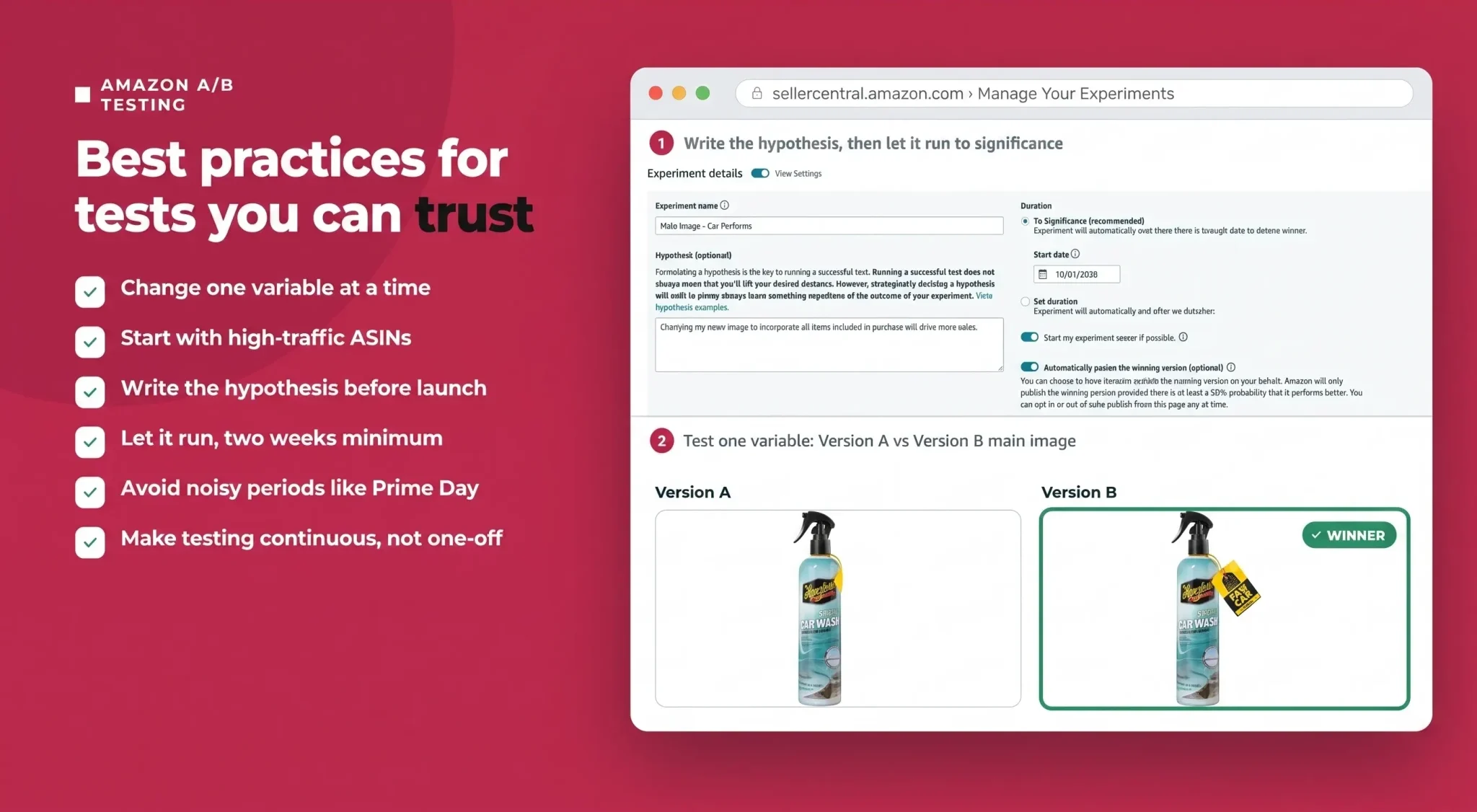 Amazon A/B testing best practices including one-variable tests, clear hypotheses and sufficient test duration