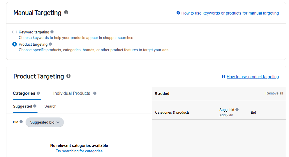 Options for product category and product ASIN targeting on the campaign creation page