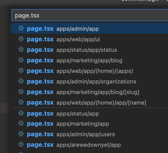 Fuzzy search on the full path in VSCode is your friend.